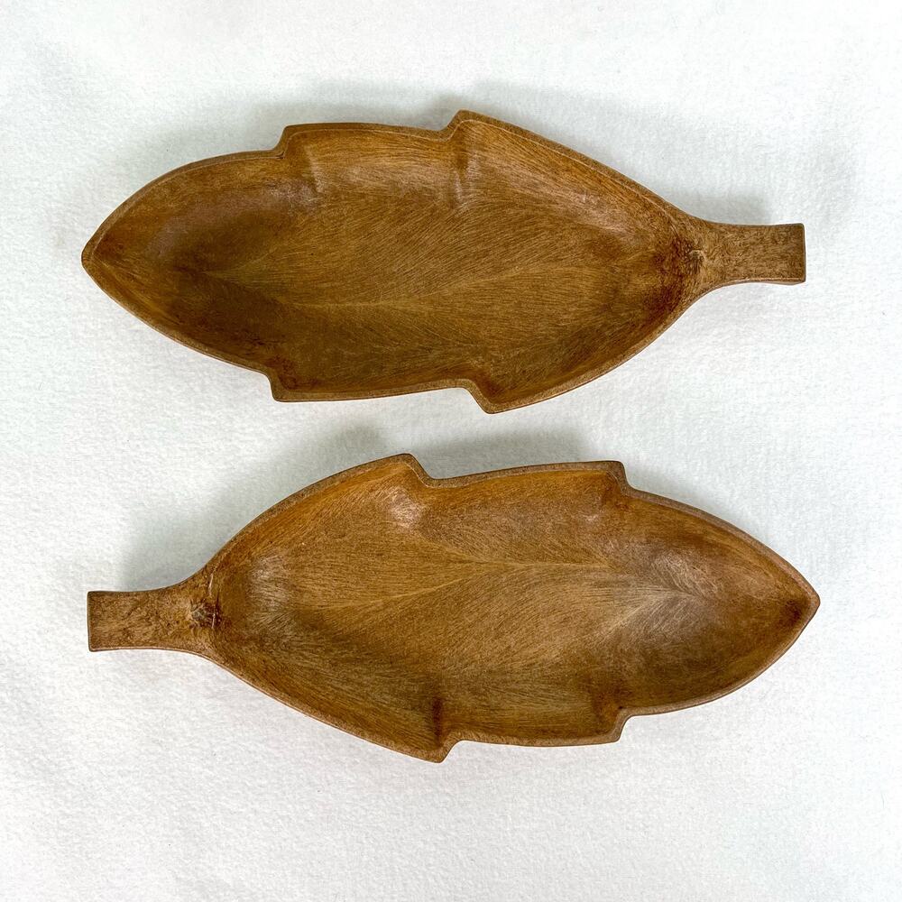 Set of 2 VTG 70s Tropical Serving Dish Faux Wood Plastic Bowl Leaf Luau Hawaiian